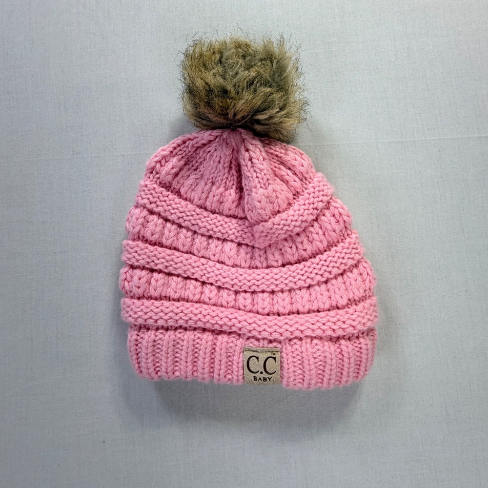 CC Baby Pink‎ Cable Knit Pom Beanie Hat with Faux Fur